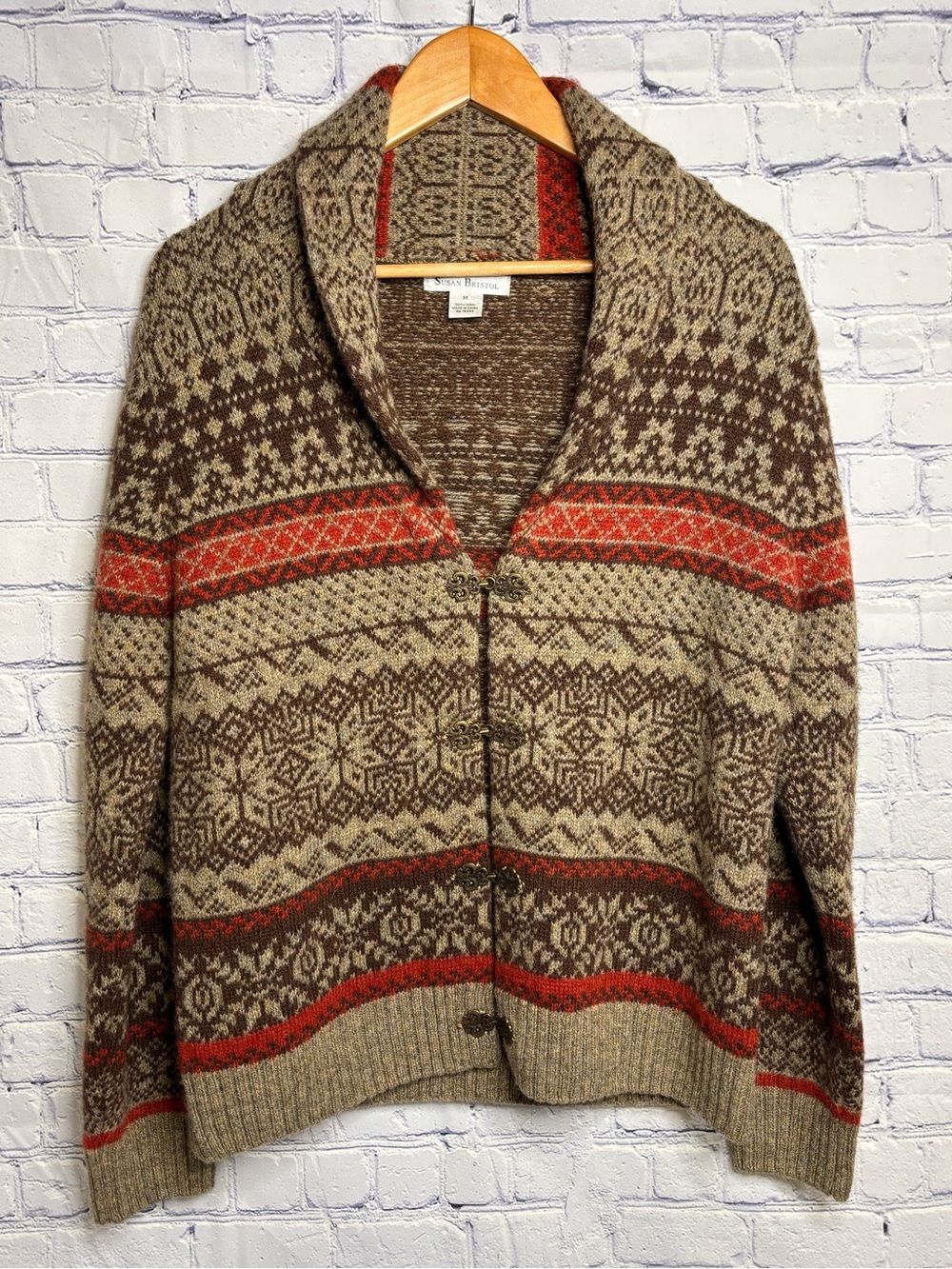 VINTAGE Susan Bristol Nordic Fair Isle Wool Preppy Boho Sweater Cardigan M